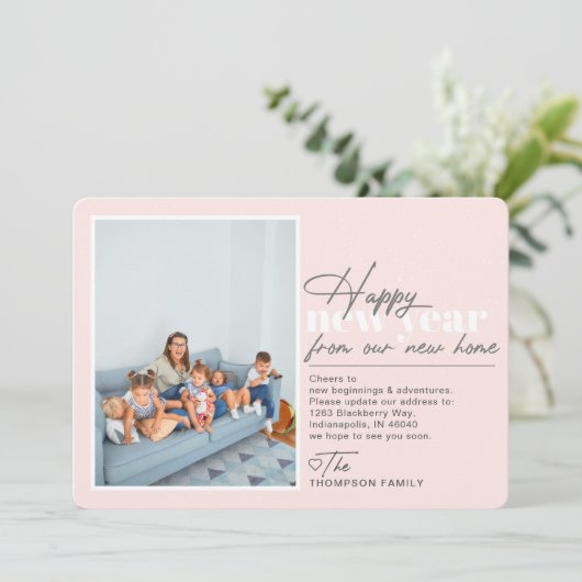 Happy New Year Moving Announge Blush Photo Feestdagenkaart (Staand voorkant)