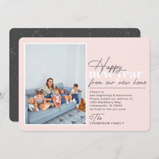 Happy New Year Moving Announge Blush Photo Feestdagenkaart (Voorkant / Achterkant)