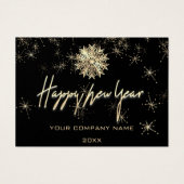 Happy New Year Name Logo Black Gold Snowflakes Visitekaartje (Voorkant)