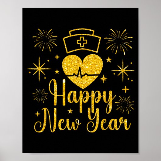 Happy New Year Nurses Heartbeat Fireworks New Year Poster (Voorkant)