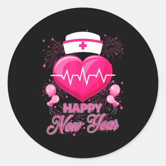 Happy New Year Nurses Heartbeat New Years Eve Part Ronde Sticker (Voorkant)