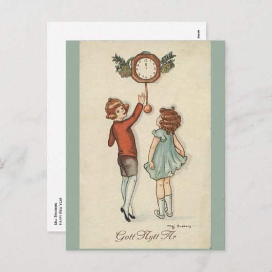 Happy New Year - oude Scandinavisch - Retro Feestdagenkaart (Voorkant / Achterkant)