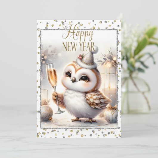 Happy New Year Owl Aankondiging (Staand voorkant)