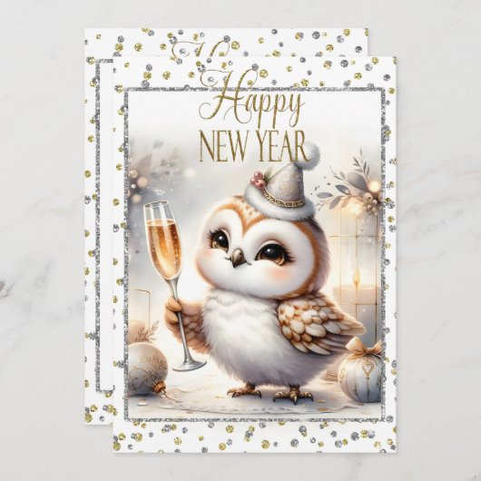 Happy New Year Owl Aankondiging (Voorkant / Achterkant)