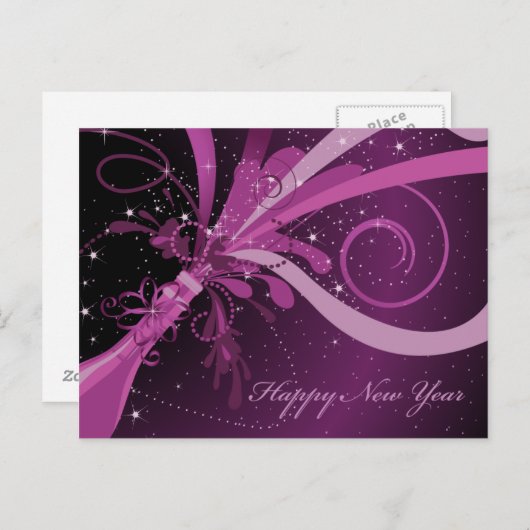 Happy New Year Paars Champagne Briefkaart (Voorkant / Achterkant)