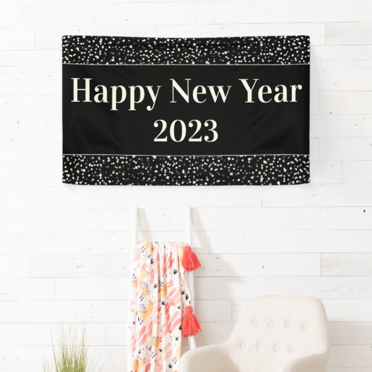 Happy New Year Party Celebration Confetti Zwart Spandoek (Insitu)