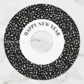 Happy New Year Party Confetti Stars Zwart Wit Wijnglaslabel (Voorkant)