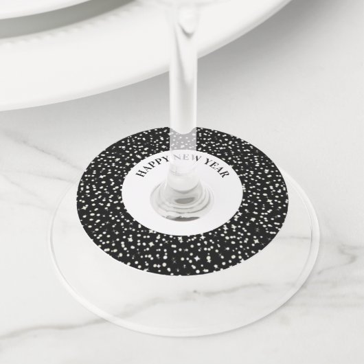 Happy New Year Party Confetti Stars Zwart Wit Wijnglaslabel (Dichtbij)