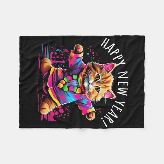 Happy New Year Party Dancing Cat Design Fleece Deken (Voorkant (Horizontaal))