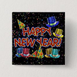Happy New Year Party Petten Vierkante Button 5,1 Cm