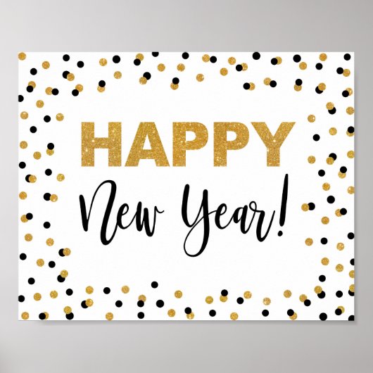 Happy New Year Party Sign Black & Gold Confetti Poster (Voorkant)