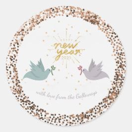 Happy New Year Peace Doves Glitter Monogram Ronde Sticker