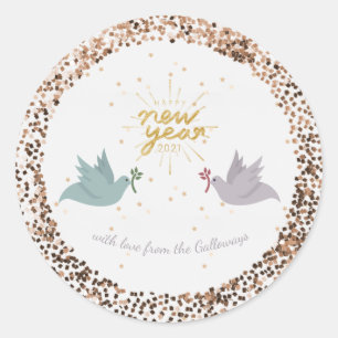 Happy New Year Peace Doves Glitter Monogram Ronde Sticker