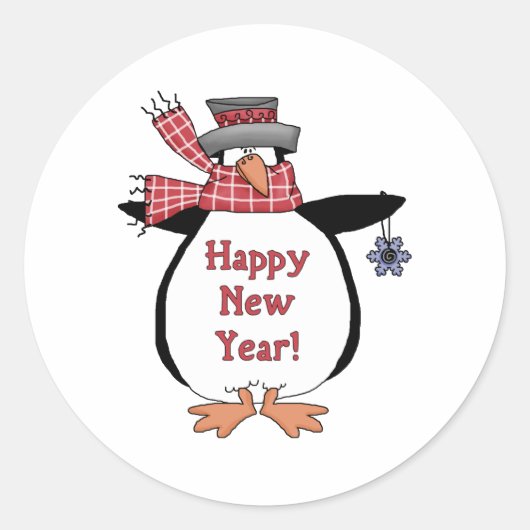 Happy New Year Penguin Ronde Sticker (Voorkant)