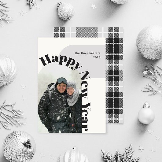 Happy New Year Photo Arch Black Grey Holiday Card Feestdagenkaart