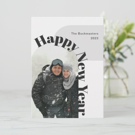 Happy New Year Photo Arch Black Grey Holiday Card Feestdagenkaart (Staand voorkant)