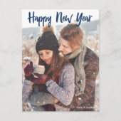Happy New Year Photo Blue Script Modern Holiday Briefkaart (Voorkant)