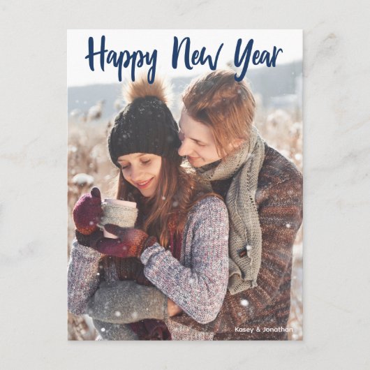 Happy New Year Photo Blue Script Modern Holiday Briefkaart (Voorkant)