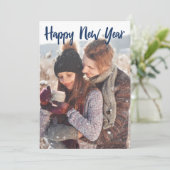 Happy New Year Photo Blue Script Overlay Modern Feestdagenkaart (Staand voorkant)