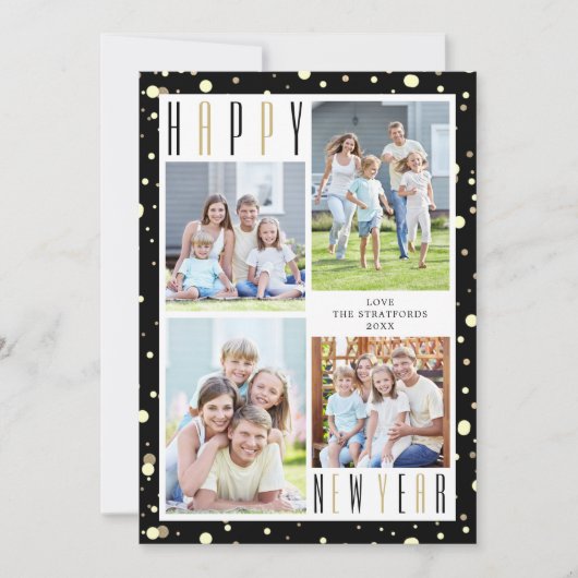 HAPPY NEW YEAR Photo Collage Black Gold Confetti Feestdagenkaart (Voorkant)