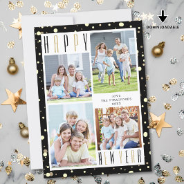 HAPPY NEW YEAR Photo Collage Black Gold Confetti Feestdagenkaart