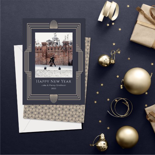 Happy New Year Photo Deco Navy Gold Holiday Kaart