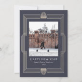 Happy New Year Photo Deco Navy Gold Holiday Kaart (Voorkant)