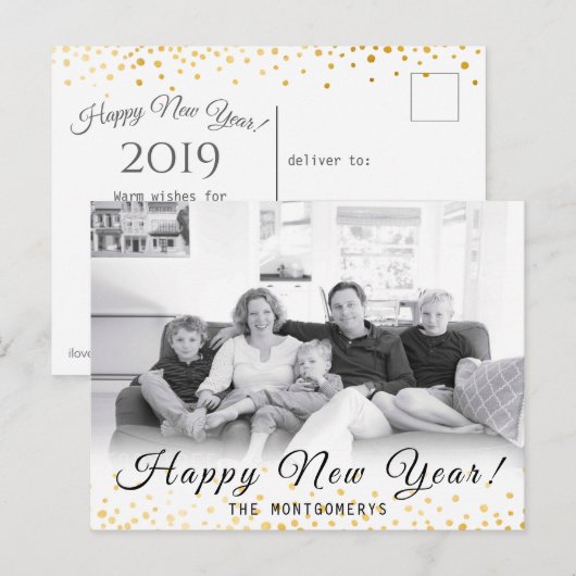 Happy New Year Photo Gold Confetti 2024 Feestdagenkaart (Voorkant / Achterkant)