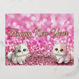 Happy New Year Pink Glitter Glam 2026  Postcad cat Folie Feestdagen Briefkaart
