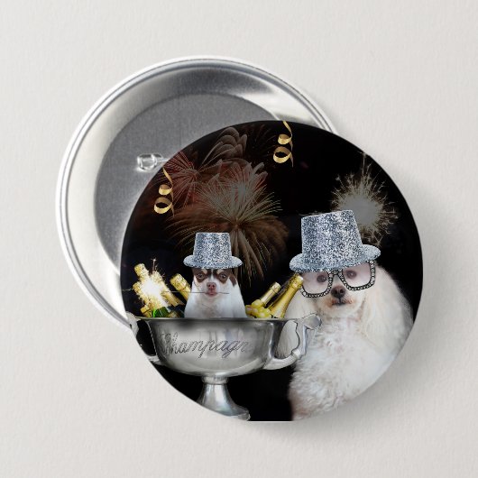Happy New Year poodle en chihuahua button (Voorkant /achterkant)