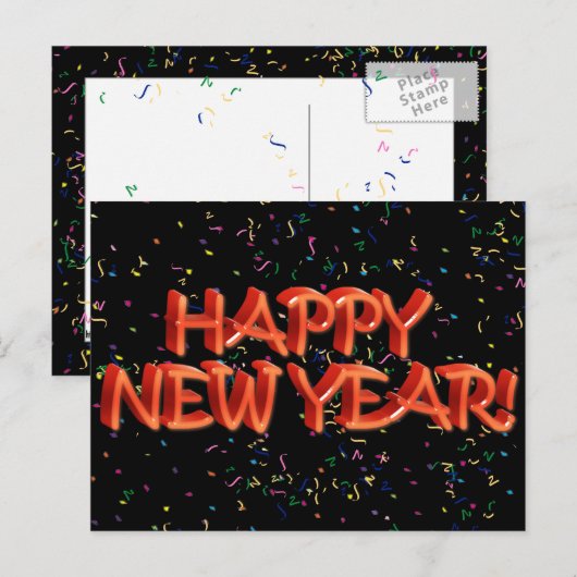 Happy New Year Red Text met Confetti Feestdagenkaart (Voorkant / Achterkant)