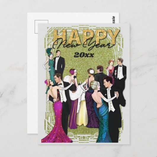 Happy New Year  Retro Art Deco Briefkaart (Voorkant / Achterkant)