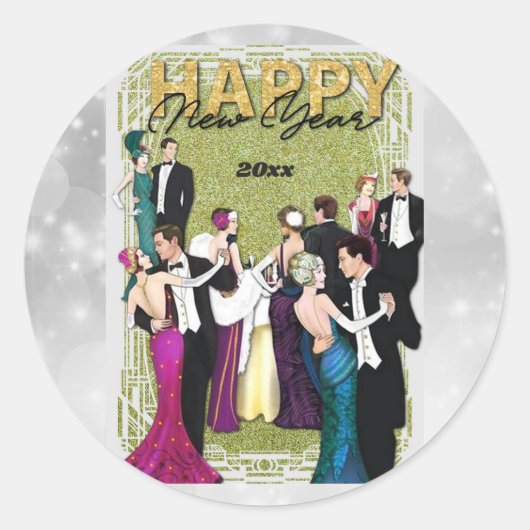 Happy New Year  Retro Art Deco Ronde Sticker (Voorkant)