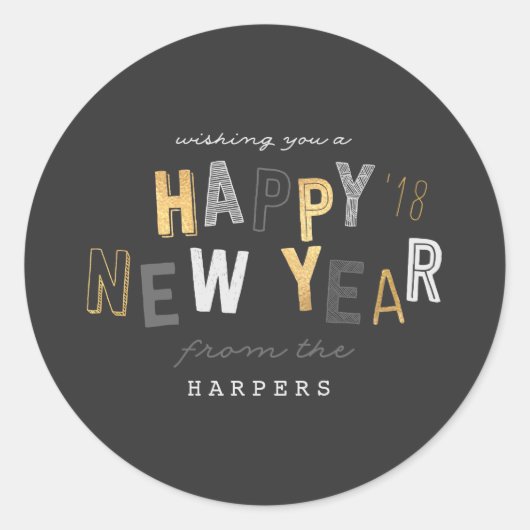 HAPPY NEW YEAR RONDE STICKER (Voorkant)