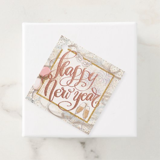 Happy New Year Roos Gold Script Champagne Bedankjes Labels (In situ)