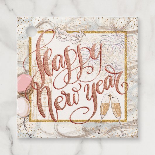 Happy New Year Roos Gold Script Champagne Bedankjes Labels (Voorkant)