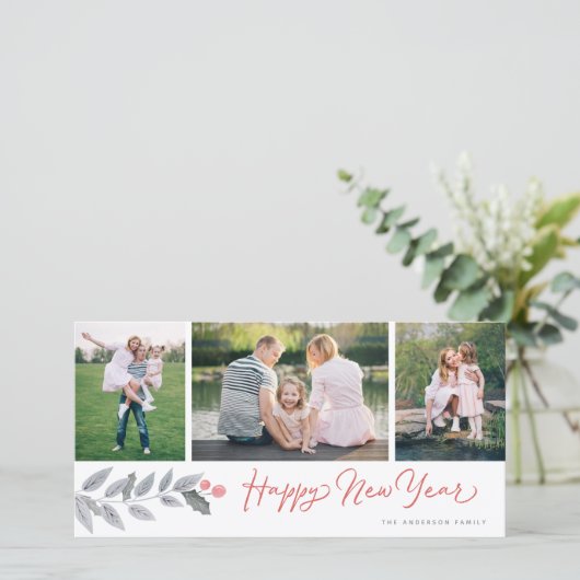 Happy New Year Rustic Floral 3 Photo Collage Feestdagenkaart (Staand voorkant)