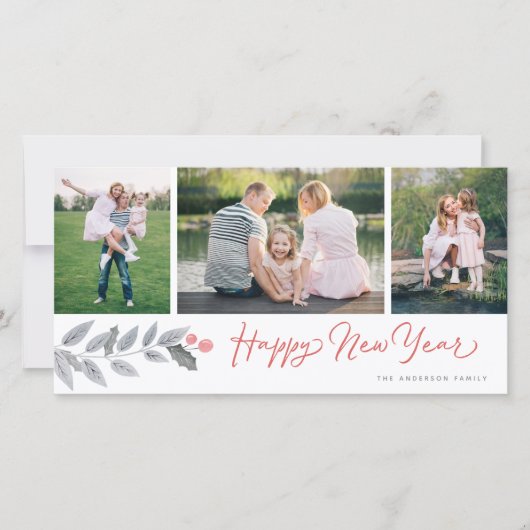 Happy New Year Rustic Floral 3 Photo Collage Feestdagenkaart (Voorkant)