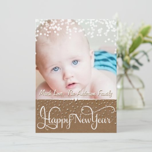 Happy New Year Rustic Wood Sparkle Stars Kerstmis Kaart (Staand voorkant)