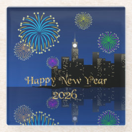 Happy New Year’s Eve Midnight Fireworks City Light Glazen Onderzetter