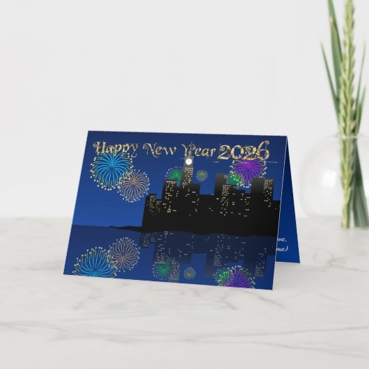 Happy New Year’s Eve Midnight Fireworks City Light Kaart (Voorkant)