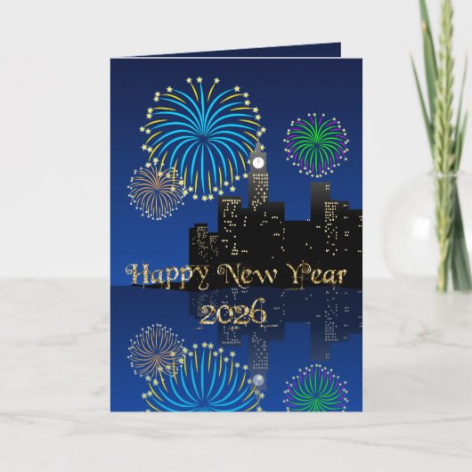 Happy New Year’s Eve Midnight Fireworks City Light Kaart (Voorkant)