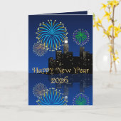 Happy New Year’s Eve Midnight Fireworks City Light Kaart (Gele Bloem)