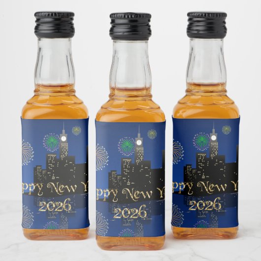 Happy New Year’s Eve Midnight Fireworks City Light Likeurfles Etiket (Flessen)