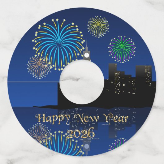 Happy New Year’s Eve Midnight Fireworks City Light Wijnglaslabel (Voorkant)