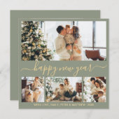Happy New Year Script 4 Photo Collage Sage Green Feestdagenkaart (Voorkant / Achterkant)