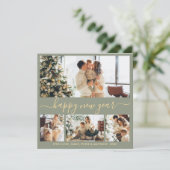 Happy New Year Script 4 Photo Collage Sage Green Feestdagenkaart (Staand voorkant)