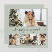 Happy New Year Script 4 Photo Collage Sage Green Feestdagenkaart (Voorkant / Achterkant)