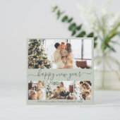 Happy New Year Script 4 Photo Collage Sage Green Feestdagenkaart (Staand voorkant)