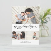 Happy New Year Script Black 3 Collage Multi Photo Feestdagenkaart (Staand voorkant)